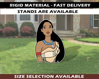 May include: A large, outdoor yard decoration featuring a cartoon illustration of a woman with long black hair, wearing a blue necklace and a cream-colored dress. The text at the top reads "RIGID MATERIAL - FAST DELIVERY" and "STANDS ARE AVAILABLE".