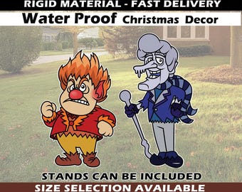May include: Two Christmas characters, one with a red and yellow flame-like head and the other with a blue and white icy head, are standing on a green lawn. The characters are cartoon-style and have a festive look. The text "Water Proof Christmas Decor" is at the top of the image.