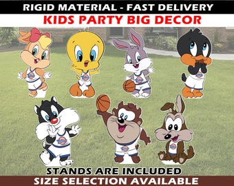 May include: A set of 7 cartoon character cutouts featuring Bugs Bunny, Tweety Bird, Daffy Duck, Sylvester, Taz, Road Runner, and Lola Bunny. The characters are dressed in basketball uniforms with the text "Tune Squad" on their jerseys. The cutouts are made of rigid material and include stands.  "RIGID MATERIAL - FAST DELIVERY KIDS PARTY BIG DECOR STANDS ARE INCLUDED SIZE SELECTION AVAILABLE" text is included in the image.