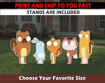 May include: A set of five cartoon animal yard decorations. The characters include a brown bear, a blue rabbit, two orange foxes, and a yellow squirrel. The text at the top reads "PRINT AND SHIP TO YOU FAST STANDS ARE INCLUDED". The text at the bottom reads "CHOOSE YOUR FAVORITE SIZE".