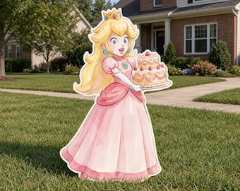Water color Princess Peach Birthday Cutout, Peach Party Decor, Super Mario Princess Standee, Video Game Birthday Props, Peach Cake Cutout