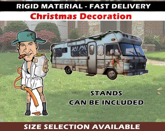 May include: A Christmas decoration featuring a cartoon character holding a beer can and a vintage RV. The RV is light blue and white with Christmas decorations. The text on the image says "RIGID MATERIAL - FAST DELIVERY" and "Christmas Decoration".
