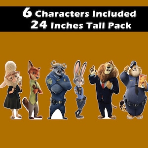 Puede incluir: Seis personajes de cart&oacute;n recortables de la pel&iacute;cula Zootr&oacute;polis. Los personajes son Judy Hopps, Nick Wilde, el jefe Bogo, Flash, Mr. Big y Clawhauser. Los personajes miden 61 cm de alto. 6 personajes incluidos, 61 cm de alto