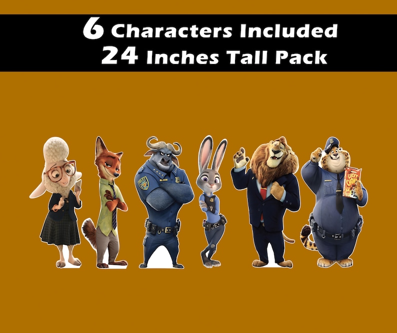 Puede incluir: Seis personajes de cart&oacute;n recortables de la pel&iacute;cula Zootr&oacute;polis. Los personajes son Judy Hopps, Nick Wilde, el jefe Bogo, Flash, Mr. Big y Clawhauser. Los personajes miden 61 cm de alto. 6 personajes incluidos, 61 cm de alto