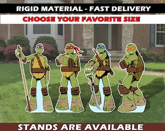 May include: Four Teenage Mutant Ninja Turtles cardboard standups. The standups are life-size and feature the characters Leonardo, Donatello, Raphael, and Michelangelo.  The standups are printed on a rigid material and are available in various sizes.  "Stands are available" text is at the bottom of the image.  "RIGID MATERIAL - FAST DELIVERY" and "CHOOSE YOUR FAVORITE SIZE" text is at the top of the image.