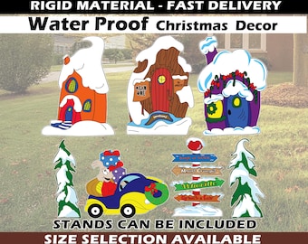 May include: Water-proof Christmas decor featuring three houses, a car, and two trees. The houses are decorated with snow and have different colored doors. The car is blue and yellow with a red bow. The trees are green with snow on top. The text "MEAN ONE" is on one of the houses.