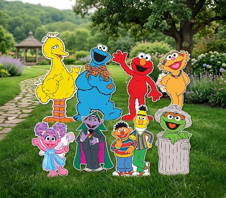 May include: A collection of colorful Sesame Street character cutouts, including Big Bird, Cookie Monster, Elmo, and Oscar the Grouch, displayed on a grassy lawn. The cutouts are designed with vibrant colors and distinct features, perfect for outdoor decoration.