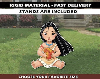 May include: A cartoon cutout of a Native American girl in a tan dress, holding an orange leaf. The image has the text "RIGID MATERIAL - FAST DELIVERY STANDS ARE INCLUDED" and "CHOOSE YOUR FAVORITE SIZE".