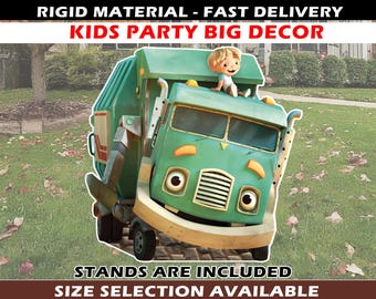 May include: Green and yellow cartoon garbage truck with a smiling face and a small boy standing on top. The truck is on a green lawn with brown leaves. The text "RIGID MATERIAL - FAST DELIVERY KIDS PARTY BIG DECOR STANDS ARE INCLUDED SIZE SELECTION AVAILABLE" is at the top and bottom of the image.