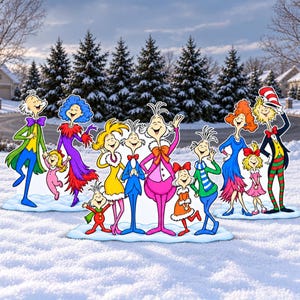 May include: A collection of colourful, cartoon-style character cutouts featuring various figures in vibrant outfits, including a tall figure in a pink coat, a figure in a blue suit with a red hat, and others in bright yellow, green, and purple attire.
