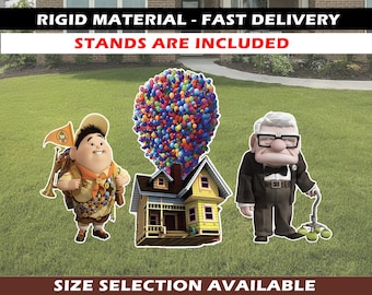 May include: Up movie themed yard decorations featuring a house, a character with balloons, and a character with a cane. The text "Stands are included" is visible in the image.