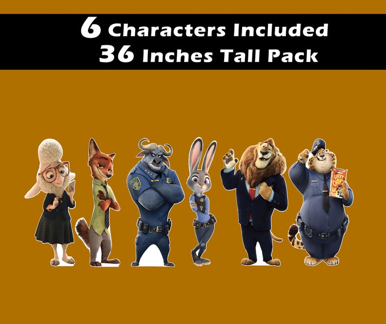 Puede incluir: Seis personajes de cart&oacute;n de 91 cm de alto de la pel&iacute;cula animada Zootopia. Los personajes incluyen a Judy Hopps, Nick Wilde, el jefe Bogo, Flash, Mr. Big y el oficial Clawhauser.