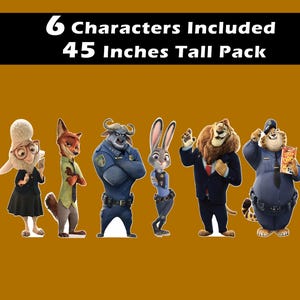 Puede incluir: Seis personajes de cart&oacute;n recortables de la pel&iacute;cula Zootr&oacute;polis. Los personajes son Judy Hopps, Nick Wilde, el jefe Bogo, Flash, Mr. Big y Clawhauser. Los personajes llevan todos su uniforme de polic&iacute;a. Los personajes miden 114 cm de alto.
