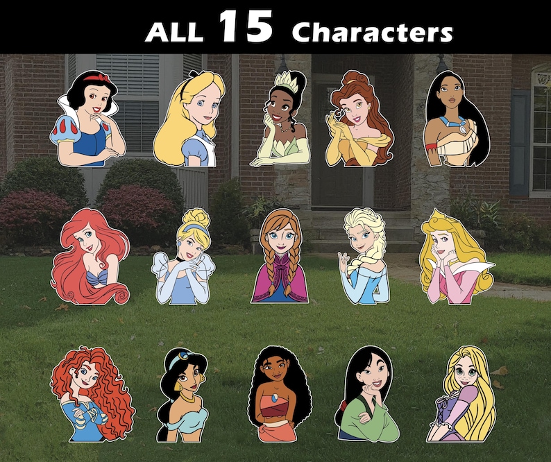 May include: A set of 15 character cutouts, each featuring a different animated princess. The cutouts are in various colors and designs, with the text "ALL 15 CHARACTERS" at the top.