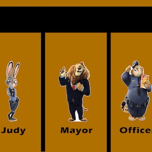 Puede incluir: Una imagen de dibujos animados de tres personajes de la pel&iacute;cula Zootopia. Los personajes son Judy Hopps, el alcalde y el oficial Clawhauser. Judy es una coneja que lleva un uniforme de polic&iacute;a. El alcalde es un le&oacute;n que lleva un traje. El oficial Clawhauser es un guepardo que lleva un uniforme de polic&iacute;a y sostiene una bolsa de patatas fritas.