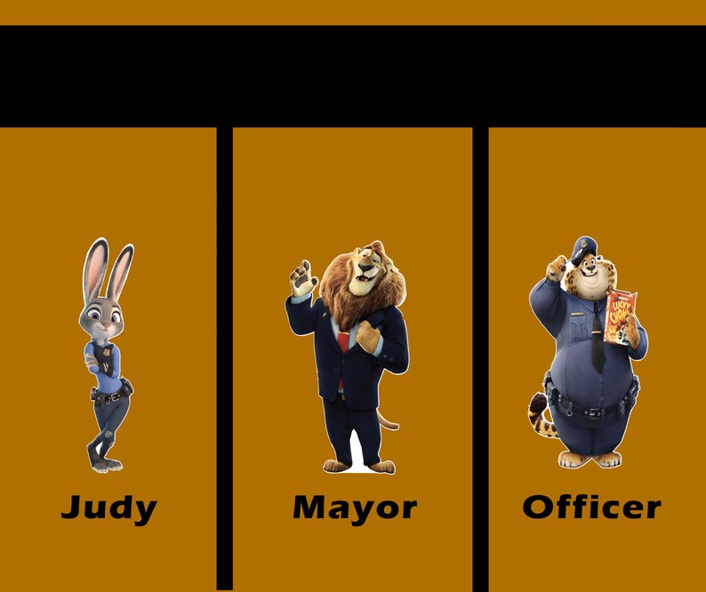 Puede incluir: Una imagen de dibujos animados de tres personajes de la pel&iacute;cula Zootopia. Los personajes son Judy Hopps, el alcalde y el oficial Clawhauser. Judy es una coneja que lleva un uniforme de polic&iacute;a. El alcalde es un le&oacute;n que lleva un traje. El oficial Clawhauser es un guepardo que lleva un uniforme de polic&iacute;a y sostiene una bolsa de patatas fritas.