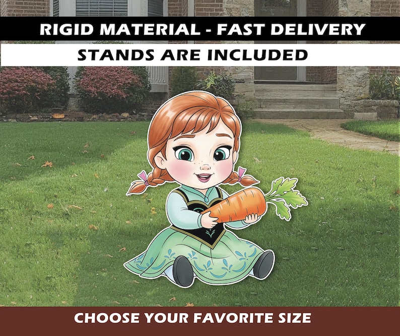 Pode incluir: Um recorte de desenho animado de uma menina com cabelo ruivo em um vestido verde segurando uma grande cenoura laranja. O texto na parte superior diz "RIGID MATERIAL - FAST DELIVERY STANDS ARE INCLUDED". O texto na parte inferior diz "CHOOSE YOUR FAVORITE SIZE".