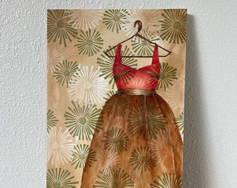 Poppy and Brown Dress-Block Prints, Graphite, Oil