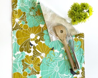 Birds and Floral Linen Cotton Canvas Tea Towel