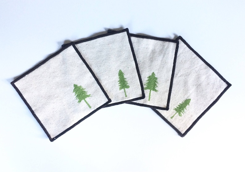 Evergreen Tree Cocktail Napkin Set of Four-Handmade in Seattle Ships free in US 100/% cotton cloth coaster