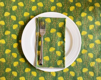 Yellow Puffy Flower Cotton Dinner Napkin Set of Four