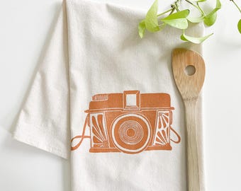 Vintage Camera Design Hand Printed Flour Sack Towel