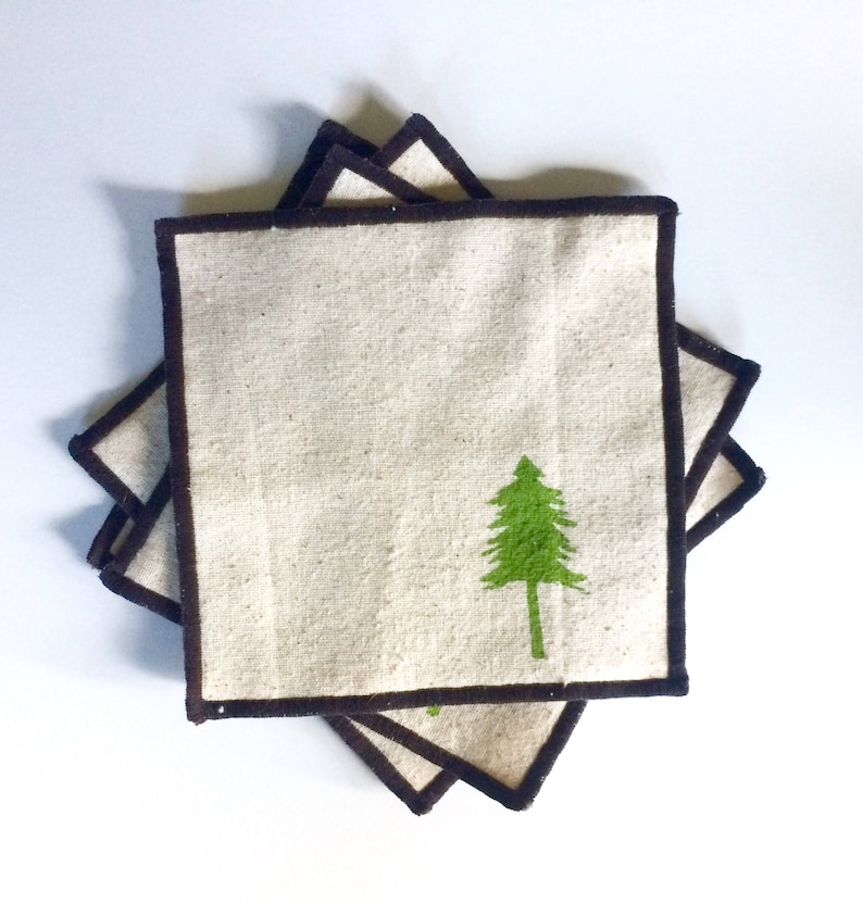 Evergreen Tree Cocktail Napkin Set of Four-Handmade in Seattle Ships free in US 100/% cotton cloth coaster