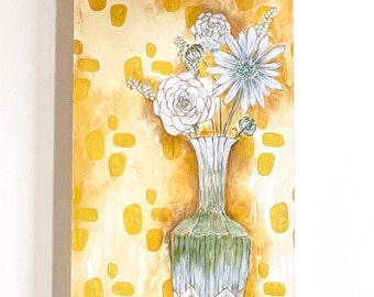 White Florals in Vase-Block Prints, Graphite, Oil