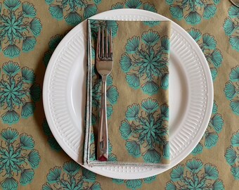 Turquoise Radial Vintage Floral Dinner Napkin Set of Four