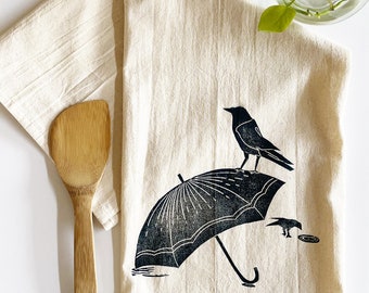 Crows and Umbrella Block Printed Flour Sack Towel