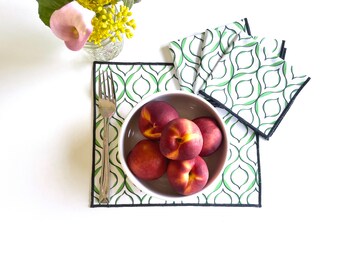 Green and White Ogee Print Cotton Cocktail Napkin Set of Four