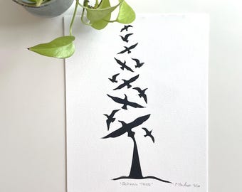 Seagull Tree-8x10 Block Print on Paper-Handprinted