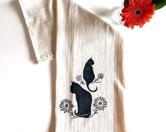 Two Cats and Daisies Block Printed 100% Cotton Flour Sack Towel