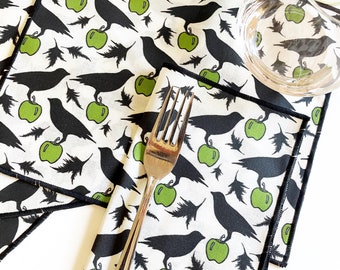 Crow and Apple Print Cotton Cocktail Napkin Set of Four