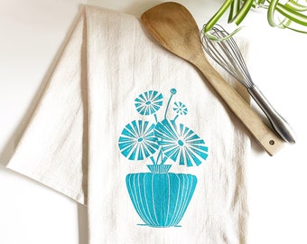 Vase of Daisies Block Printed 100% Cotton Flour Sack Towel