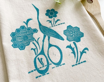 Heron Scissors and Quilt Block Flowers Block Printed 100% Cotton Flour Sack Towel