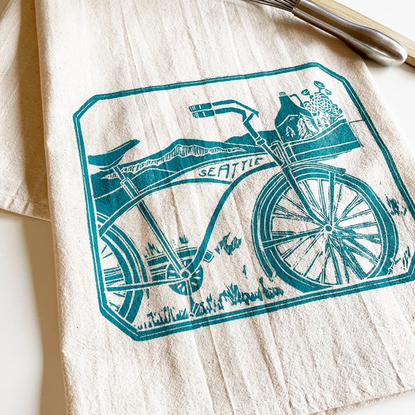 Seattle Bicycle and Growler Block Printed Flour Sack Towel-100%cotton