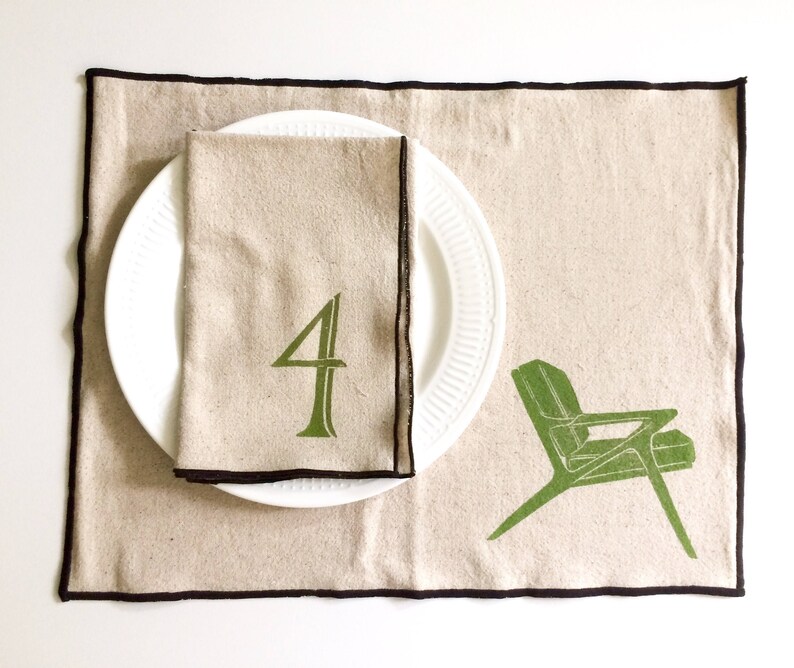Vintage Midcentury Chairs Block Printed Placemat Set-100/% cotton