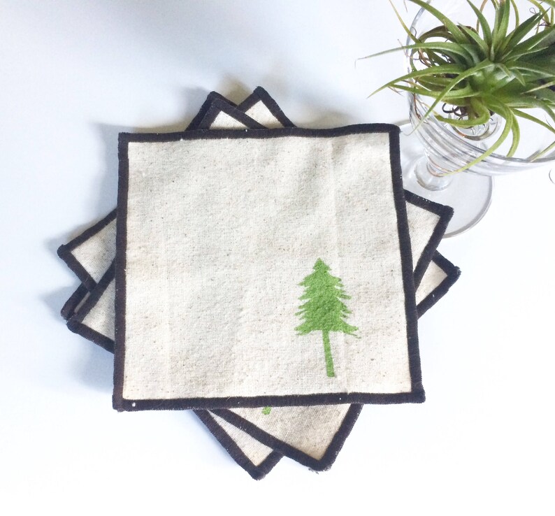 Evergreen Tree Cocktail Napkin Set of Four-Handmade in Seattle Ships free in US 100/% cotton cloth coaster