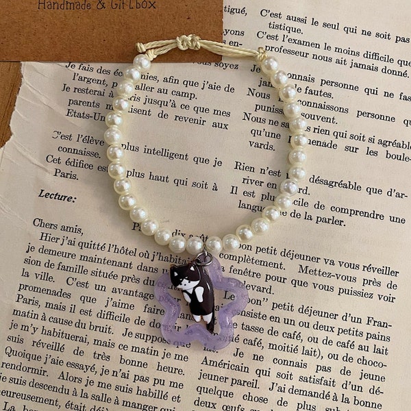 Silver Plated Freshwater Pearl Bracelet with Purple Cat Charm