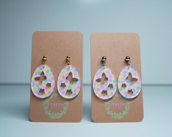 Pastel Easter Egg Cutout Earrings – Bunny & Flower Pattern Acrylic Dangles – Spring and Easter Jewelry