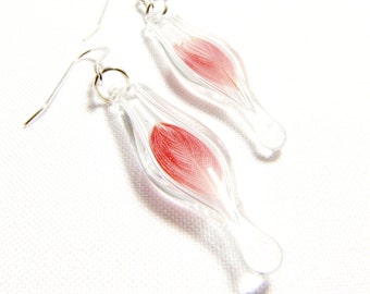 Glass capsule earrings with cuckatoo feathers