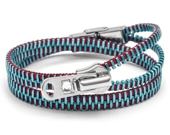 Metallic Blue and Cranberry Double/Four Zipper Bracelet and 2 Necklaces in One.