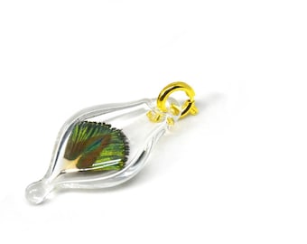 Blown Glass Capsule Charm with Peacock Feather Inside