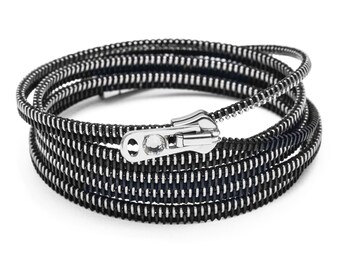 Black Zipper Wrap Bracelet – Convertible to Three Necklaces, Crystal Detail