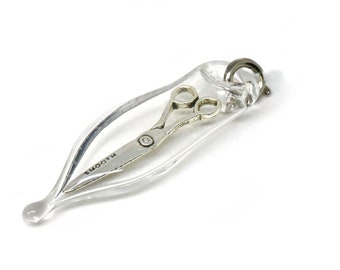 Blown Glass Capsule Charm with Miniature Antique Silver Scissors Inside