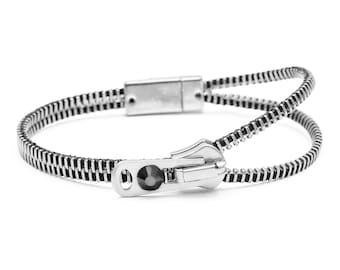 Black and Steel Single Zipper Bracelet with Stainless Steel Clasp