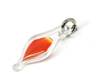 Blown Glass Capsule Charm with Cruelty Free Red Macaw Feather Inside