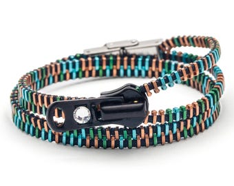 Multi Coloured Earth toned Double/Four Zipper Bracelet and 2 Necklaces in One.