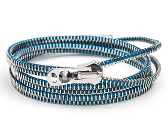 Sky Blue and Steel Triple Six Zipper Bracelet and Necklace in One